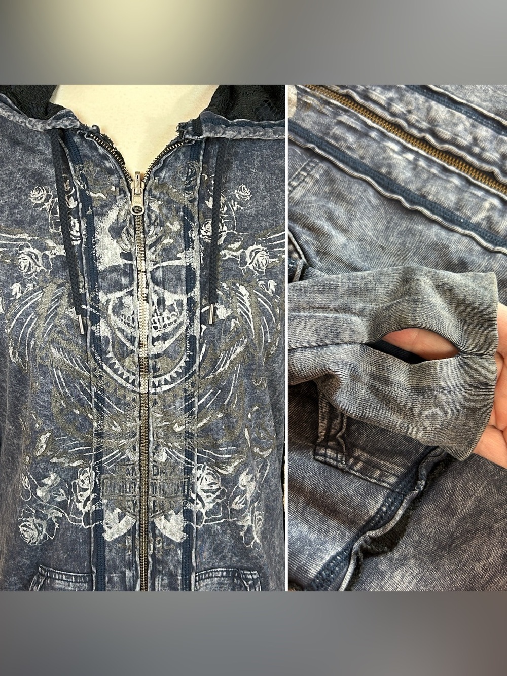 Y2K Harley Davidson Women's Reversible Full Zip Hoodie Blue Black Lace overlay M - Picture 15 of 16
